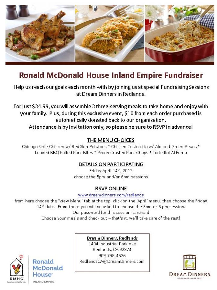Dream Dinners of Redlands Meal Fundraiser Flyer for IERMH