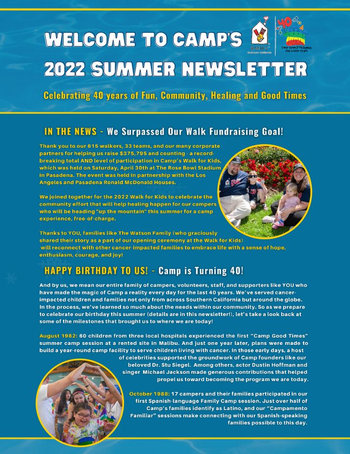 Camp Ronald McDonald for Good Times Summer 2022 newsletter